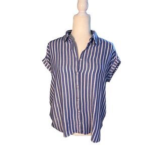 F&F blue and white striped short folded sleeve button down blouse - 6